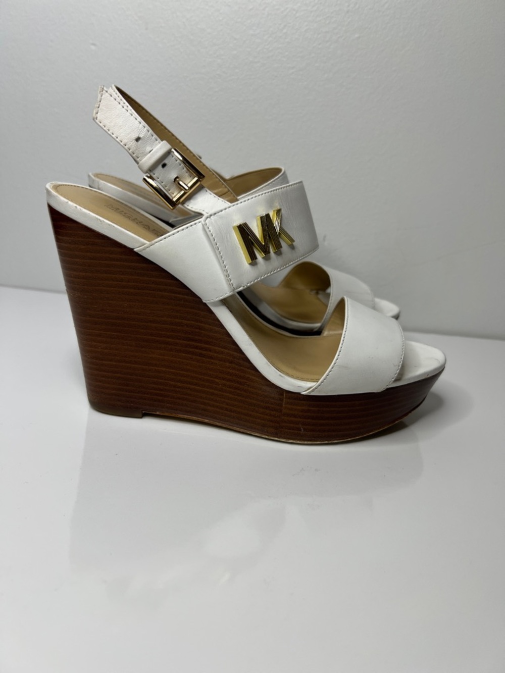 MICHAEL KORS White Leather Logo Platform Wedge Sandals